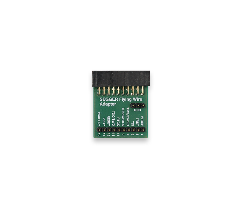 Flying Wire Adapter Image of a SEGGER Flying Wire Adapter, a small green printed circuit board with a connector at the top. The board features labeled pins for various functions, including GND, VREF, and TCK/SWDO. This adapter is used for programming and debugging embedded systems.