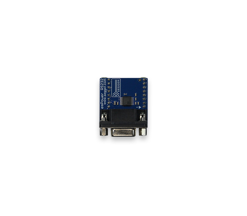 A small electronic board with a blue top, featuring a microchip and several solder points. It has a female DB9 connector at the bottom, used for serial communication. The board is typically part of communication or interfacing projects in electronics.
