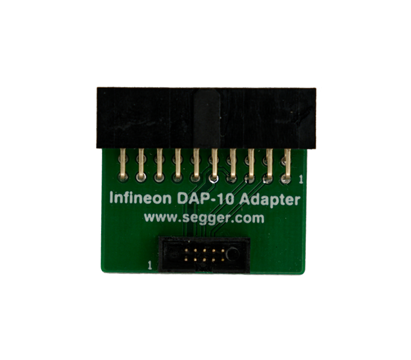Infineon Aurix DAP-10 Adapter A green circuit board adapter labeled "Infineon DAP-10 Adapter" at the center. It features several gold-plated pins on the top and a small connector at the bottom. The website "www.segger.com" is printed in white along the lower edge.