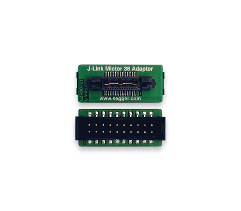 The image shows a J-Link Mictor 38 Adapter, a rectangular green circuit board with two connector ends. One end features a multi-pin connector, while the other has a wider connector with multiple gold pins. The board displays the text and website "www.segger.com."