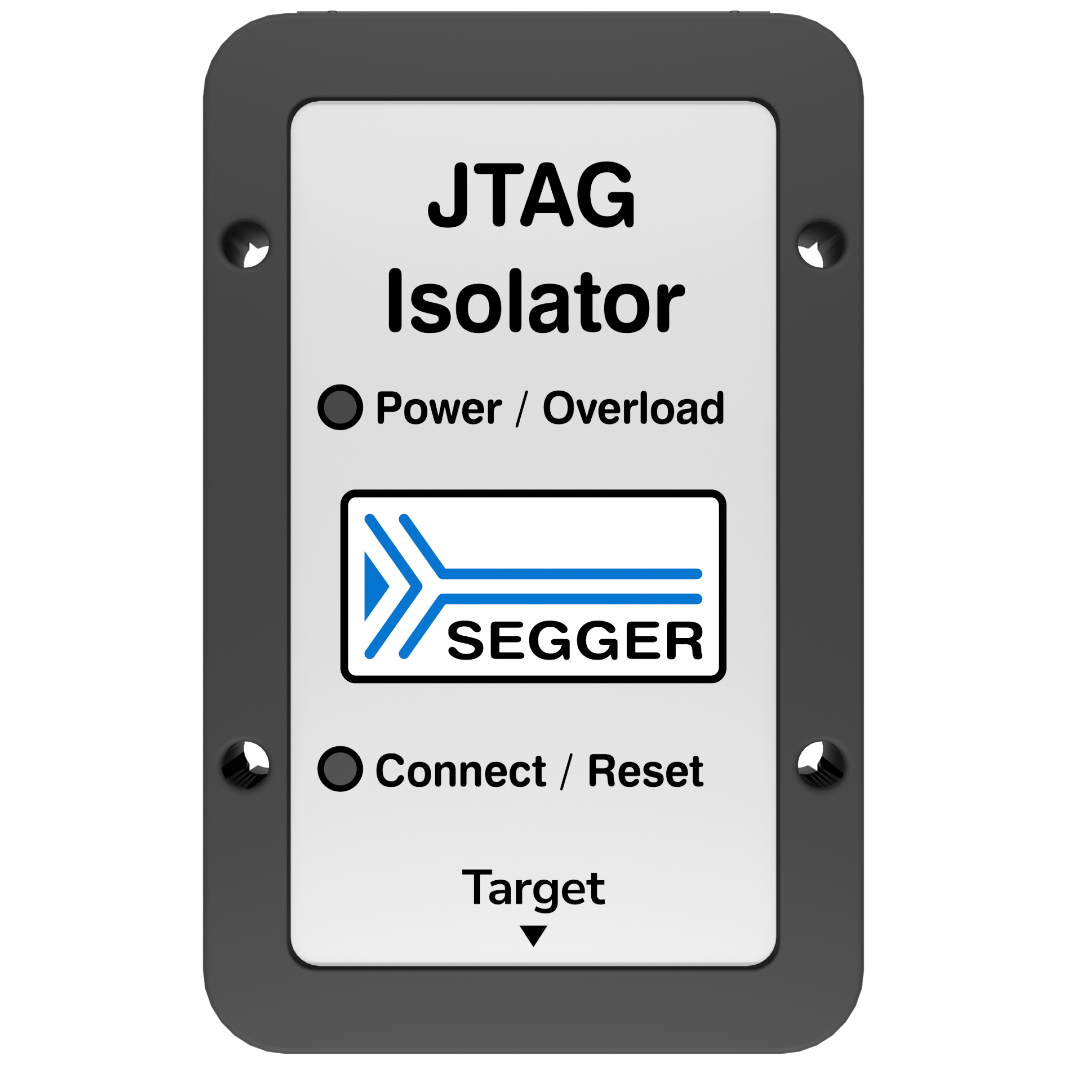 JTAG Isolator Box A rectangular device labeled "JTAG Isolator" featuring buttons for "Power / Overload" and "Connect / Reset." The logo for SEGGER is displayed prominently. Below the buttons is the word "Target," indicated by an arrow pointing downward. The device is designed for electronic application use.