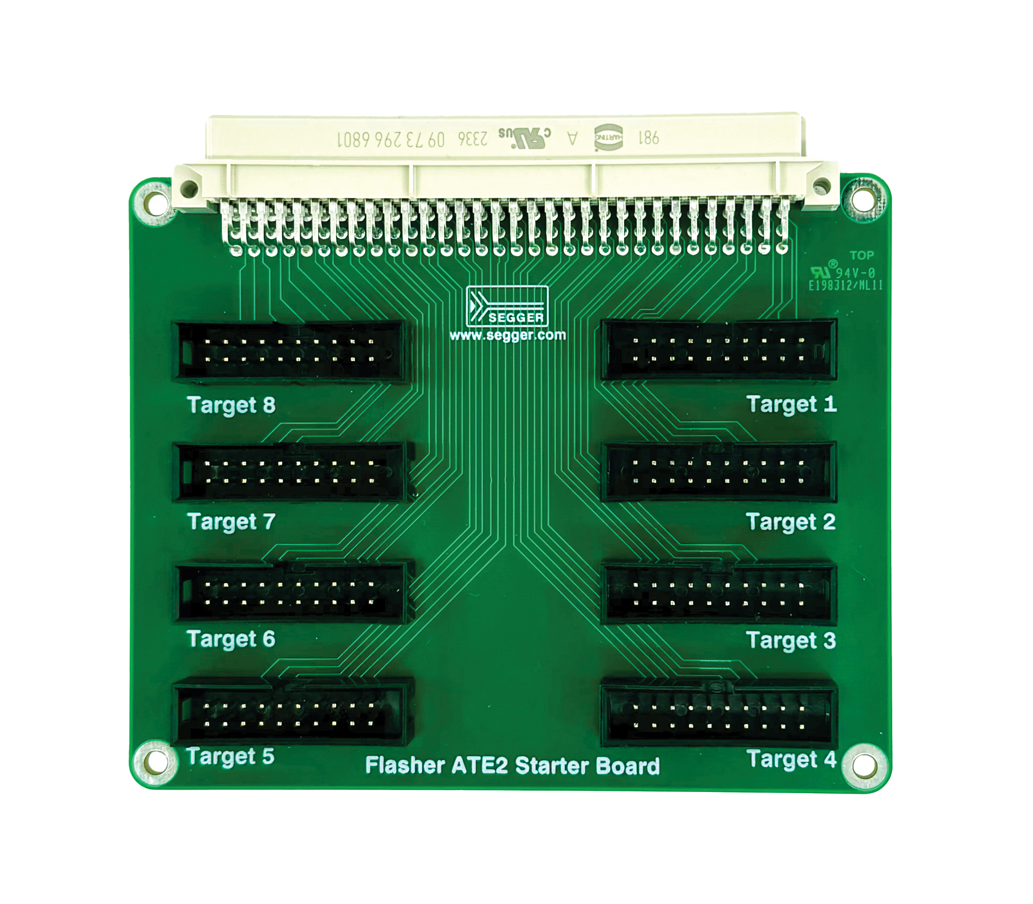 Flasher ATE2 Starter Board A green circuit board labeled "Flasher ATE2 Starter Board" features eight connector slots, each labeled "Target" followed by a number from one to eight. The board has a connector at the top for interfacing, with visible circuit patterns and labels indicating proper orientation.