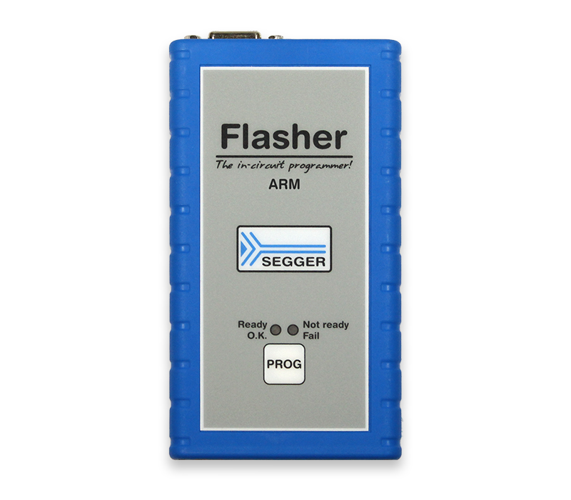 A blue and gray device labeled "Flasher" serves as an in-circuit programmer for ARM systems. It features buttons labeled "PROG" and indicators for "Ready," "Not ready," and "Fail." The design is compact and intended for electronic programming tasks.