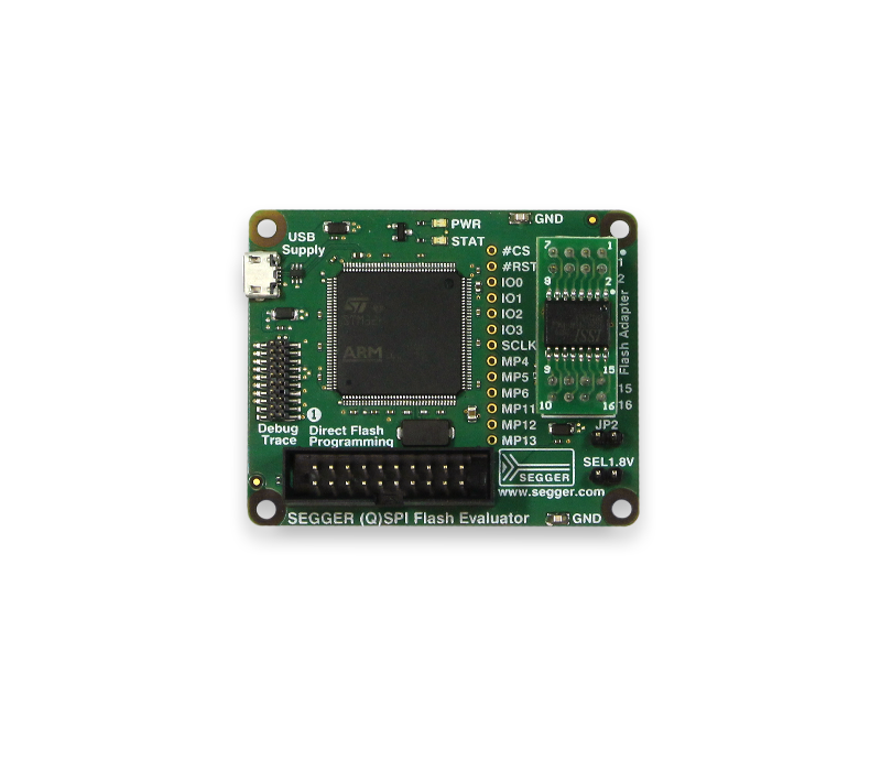 Image features a SEGGER (Q)SPI Flash Evaluator board. It has a central microcontroller chip labeled "ARM," various ports, and connectors for USB, power, and debug tracing. Key labels include "PWR," "STAT," and "GND," indicating functionality for flash programming and debugging.