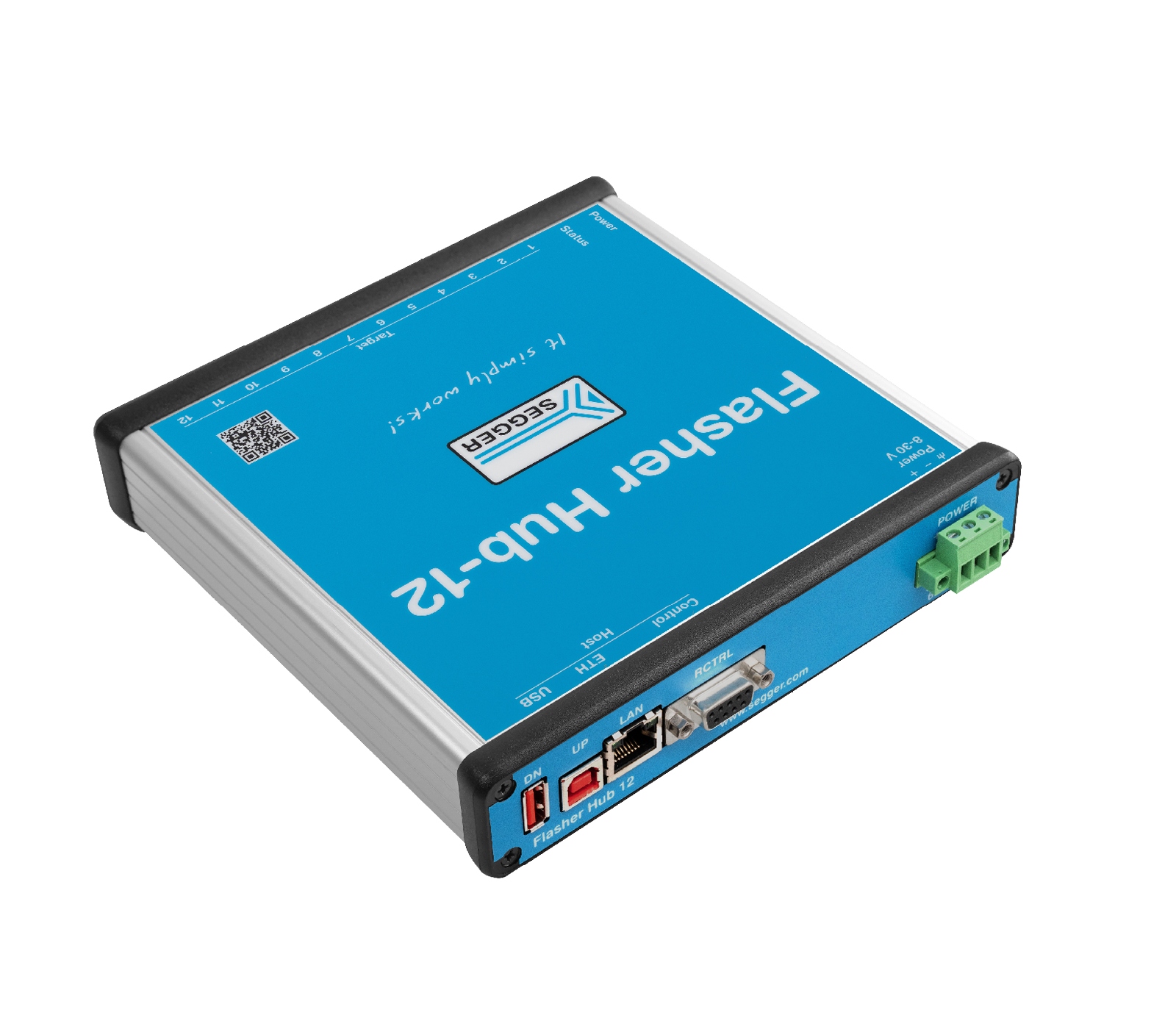A blue electronic device labeled "Flasher Hub 12" with various ports on one side, including power and LAN connections. The device has a metallic border, and its top features indicator lights and a QR code. It is designed for interfacing and signal processing.