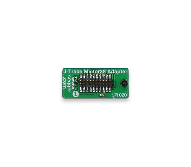 Green circuit board labeled "J-Trace Mictor38 Adapter" featuring a row of metallic pins and a small circular hole. The board has text indicating specifications and branding, essential for connecting to a debugging or programming system.