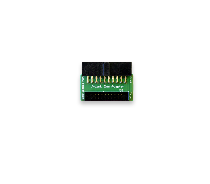 An electronic J-Link 2mm adapter is displayed against a plain background. The adapter features a green printed circuit board with multiple metal pins on one end and a connector on the opposite end, labeled for identification.