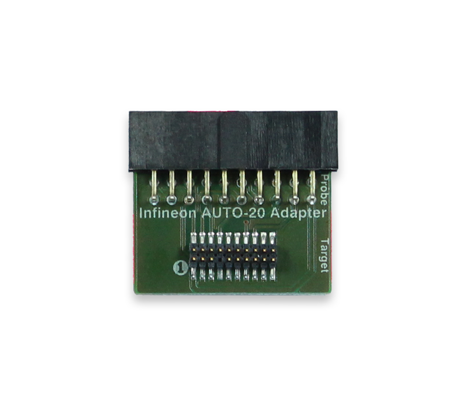 Infineon AUTO-20 Adapter An Infineon AUTO-20 adapter is displayed, featuring a small rectangular green circuit board with multiple metal pins on one side. The text "Infineon AUTO-20 Adapter" is visible, along with labels "Probe" and "Target," indicating its use for electronic connections.