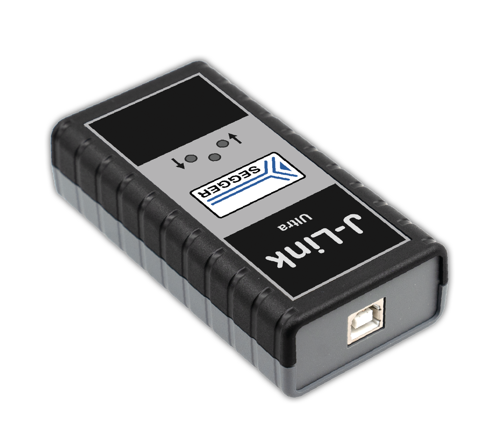 A small electronic device with a rectangular shape, featuring a black and gray design. The top includes buttons and a logo from the brand "Segger." One side has a USB port. It is likely used for programming or debugging electronic components.
